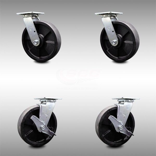 8 Inch SS Glass Filled Nylon Swivel Caster Set with Ball Bearings 2 Brakes SCC